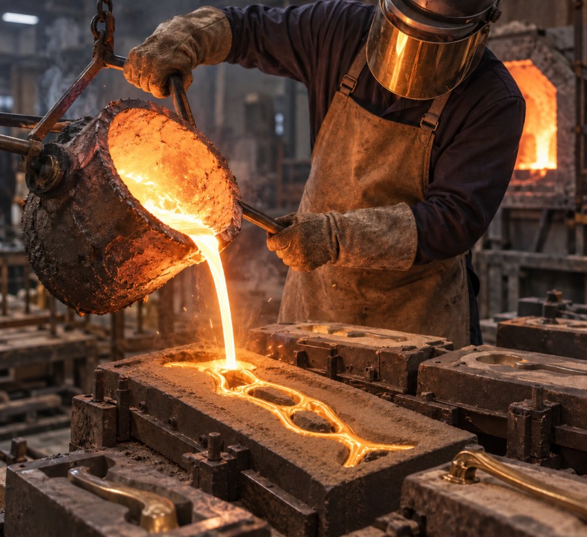 Molten metal poured into a sculptural handle mold